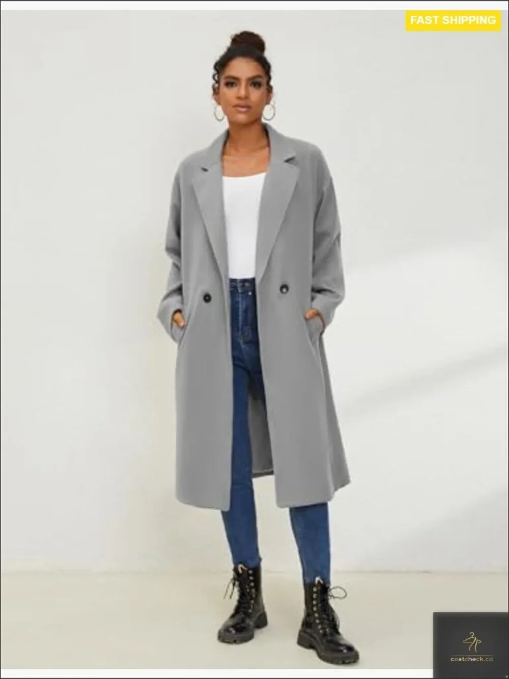 Oversized Wool Blend Double Breasted Long Trench Coat Winter Peacoat with